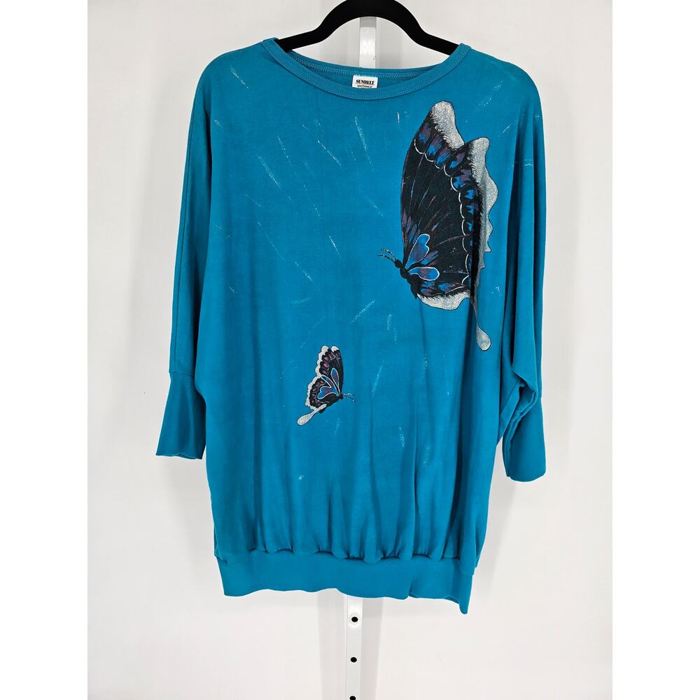 1980s Sunbelt Sportswear Blue Butterfly Long Sleeve Boat-Neck Sweater One Size